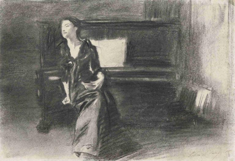 Lady at the Piano,ピアノの貴婦人,John Singer Sargent,ジョン・シンガー・サージェント,油絵,油絵, ソロ, 1女の子, 目を閉じた, 従来のメディア, モノクロ, 黒髪, 長い髪