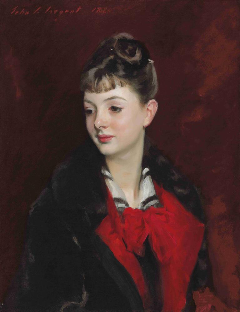 Mademoiselle Suzanne Poirson,スザンヌ・ポワルソン,John Singer Sargent,ジョン・シンガー・サージェント,油絵,油絵, 1女の子, ソロ, 弓, 赤い弓, ちょうネクタイ