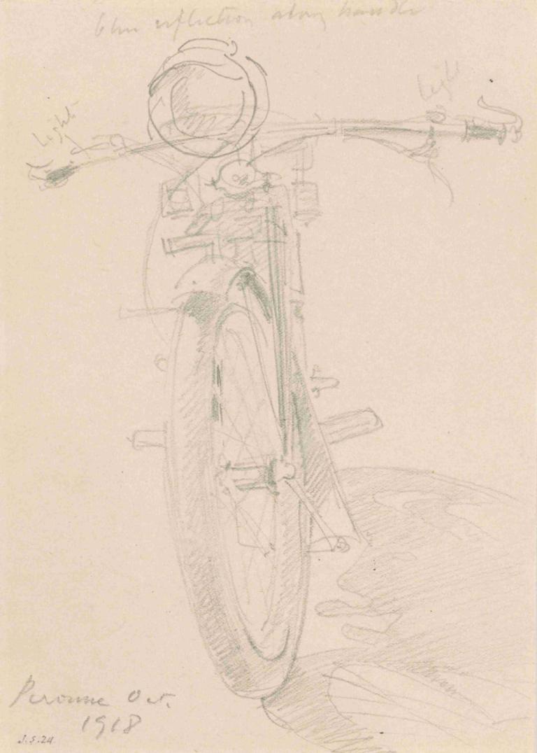 Motorcycle (recto),莫耳託車(雷託),John Singer Sargent,約翰·辛格·薩金特,素描,素描, 摩托車, 摩托車, 地面車輛, 草圖, 單色, 傳統媒體, 1個女孩, 頭盔, 獨奏