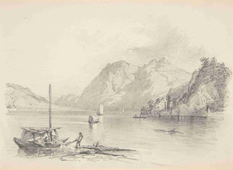 Mountain Lake,Danau Gunung,John Singer Sargent,Pengetsaan Pelat Tembaga,Pengetsaan Pelat Tembaga, perahu