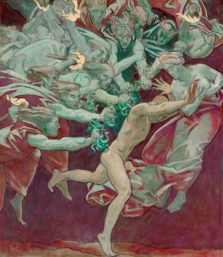 Orestes and The furies,John Singer Sargent,Oil Painting,Oil Painting, nude, multiple boys, 6+boys, barefoot