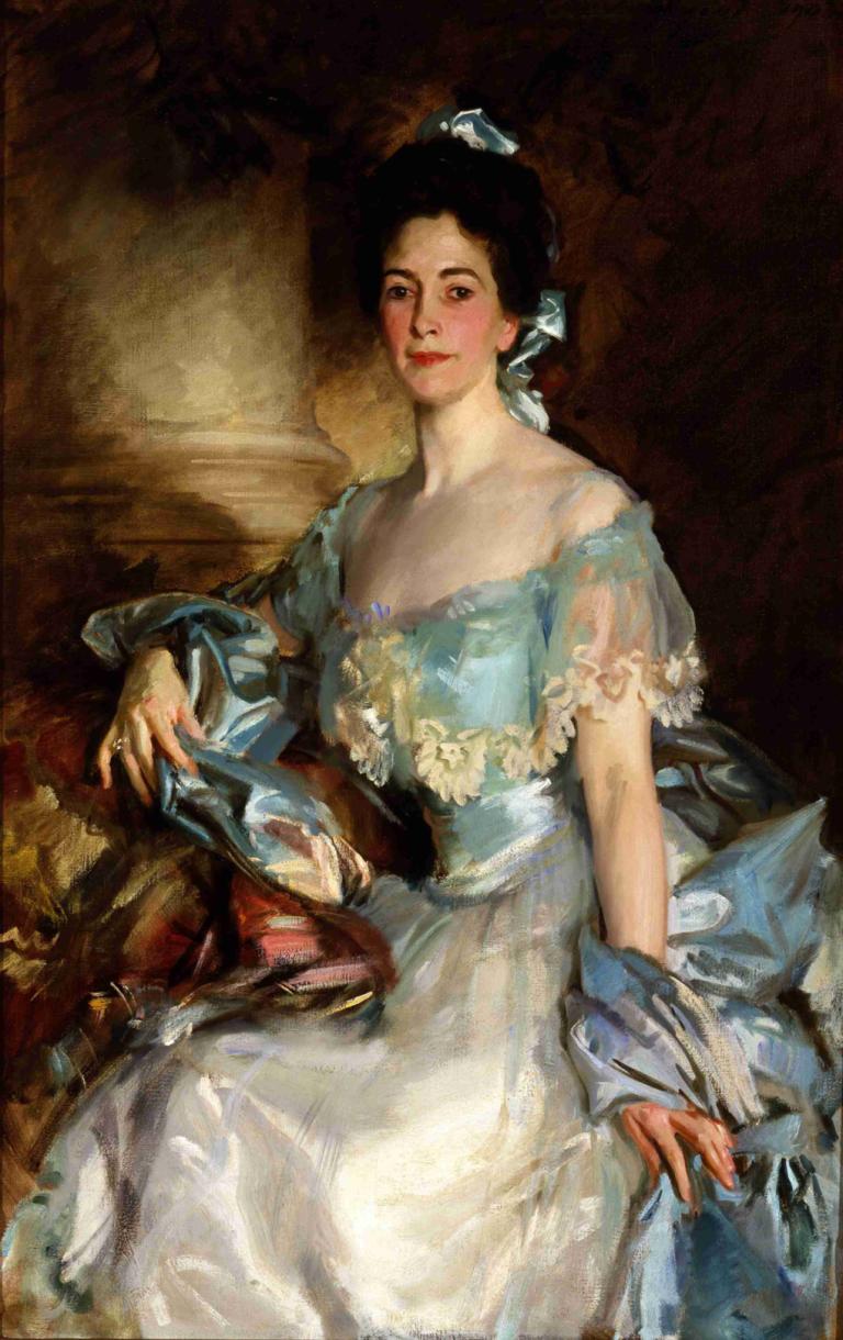 Portrait Of Mrs A Lawrence Rotch,劳伦斯-罗奇夫人肖像,John Singer Sargent,约翰-辛格-萨金特,油画,油画, 1个女孩, 独奏, 裙子, 美术模仿, 黑发, 坐着