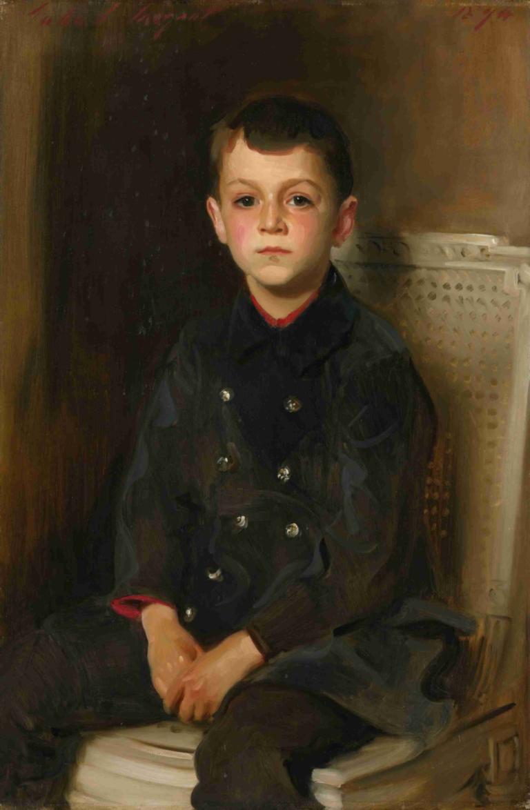 Portrait of Lancelot Allen,兰斯洛特-艾伦肖像,John Singer Sargent,约翰-辛格-萨金特,油画,油画, 独奏, 洗手间, 1男孩, 男性焦点, 实际的, 黑发, 坐着