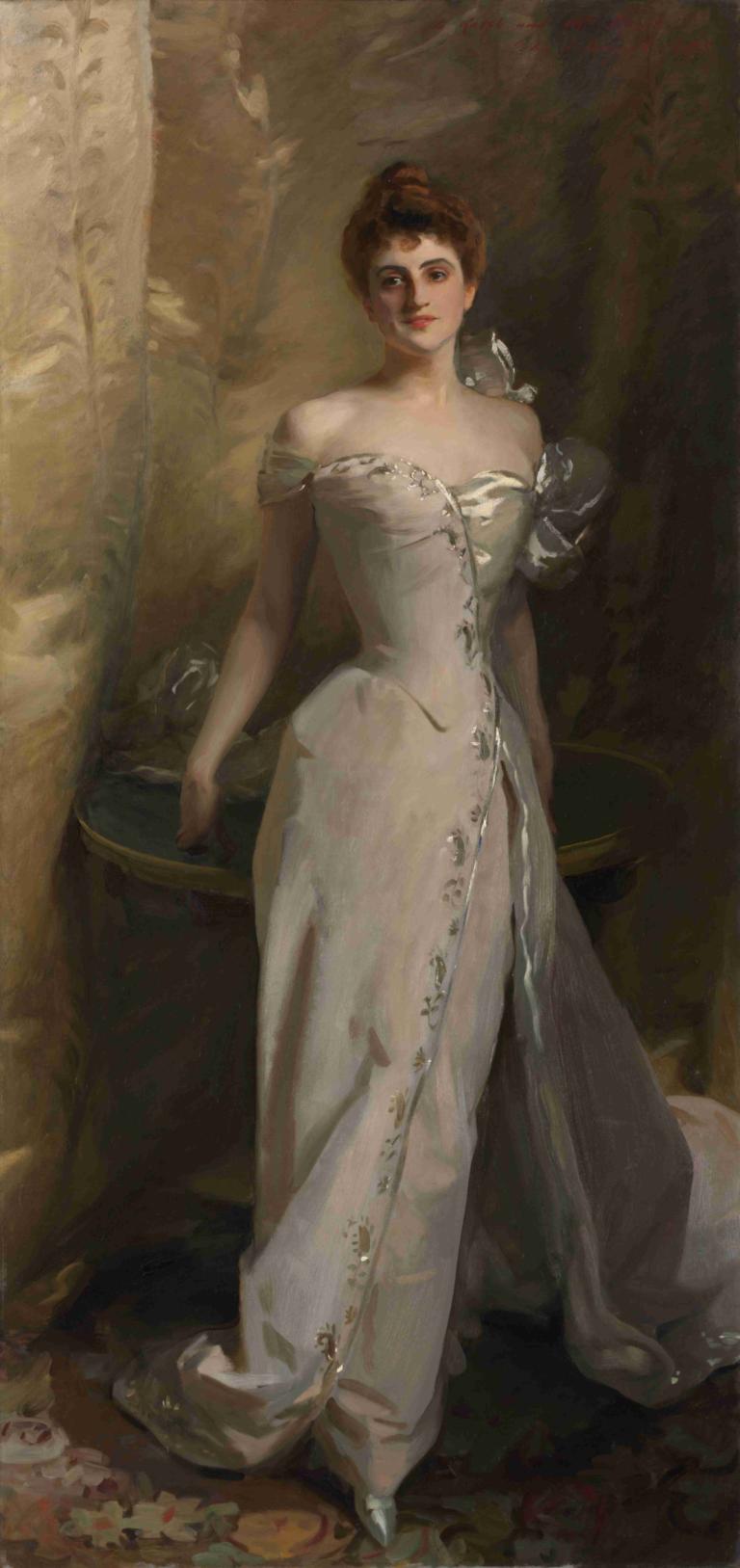 Portrait of Lisa Colt Curtis,丽莎-柯尔特-柯蒂斯肖像,John Singer Sargent,约翰-辛格-萨金特,油画,油画, 1个女孩, 裙子, 独奏, 棕色的头发, 白色礼服