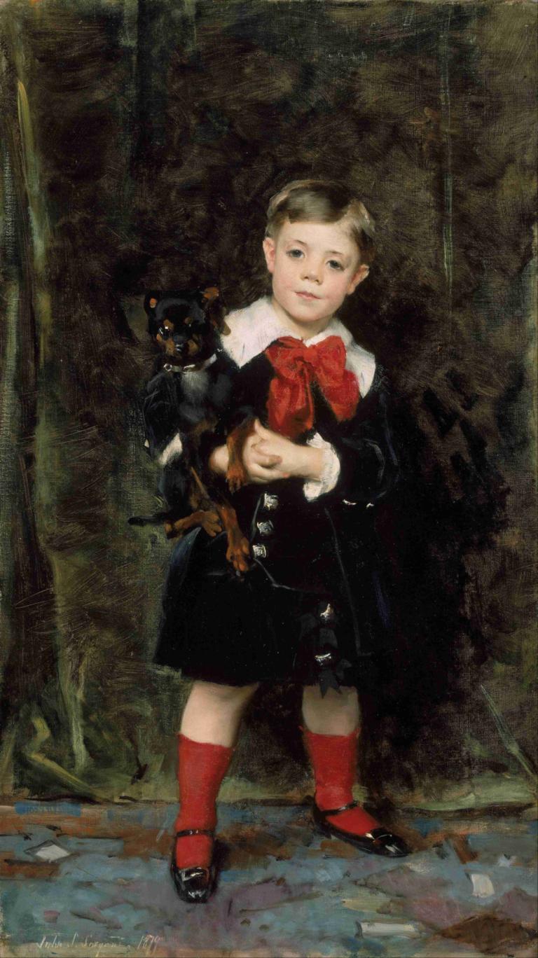 Robert De Cévrieux,John Singer Sargent,Oil Painting,Oil Painting, 1girl, solo, child, socks, short hair, bow