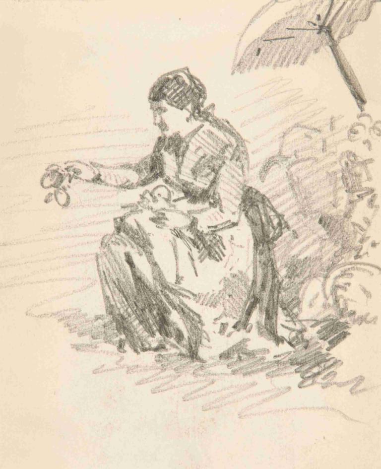 Seated Figure of a Woman,John Singer Sargent,Sketch,Sketch, 1girl, monochrome, solo, sketch