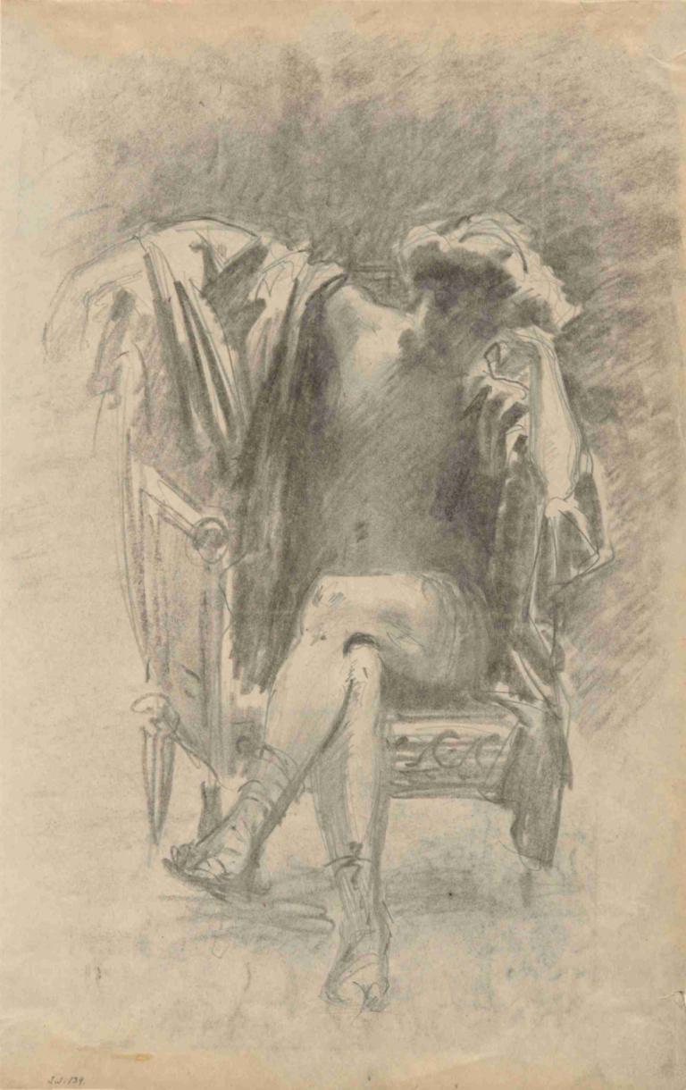 Seated Figure,John Singer Sargent,Sketch,Sketch, solo, crossed legs, 1girl, sitting, monochrome