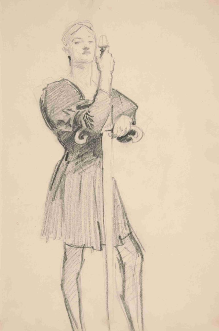 Standing Figure with a Spear,Mızraklı Ayakta Duran Figür,John Singer Sargent,Taslak,Taslak, 1kız, solo