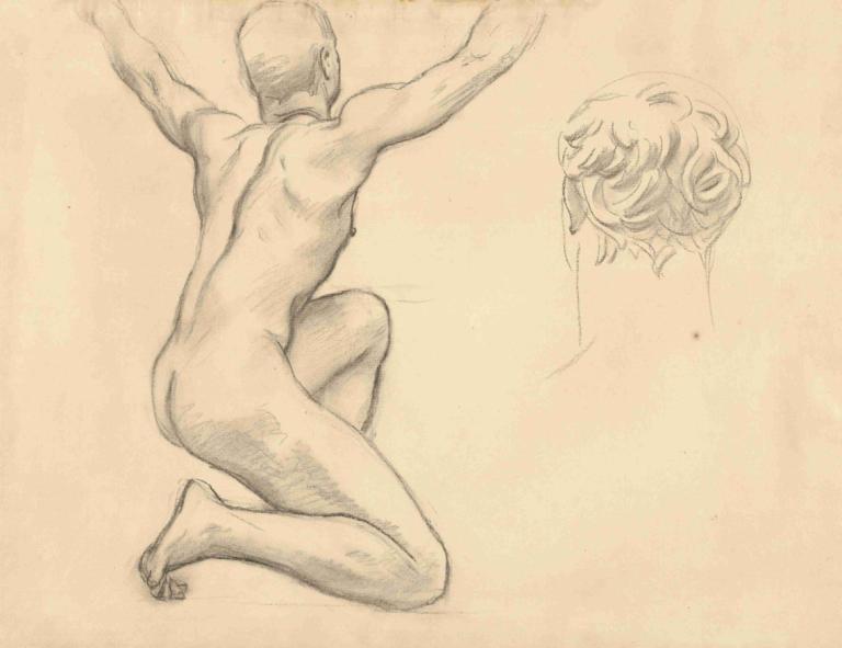 Studies for 'The Unveiling of Truth',John Singer Sargent,Sketch,Sketch, bald, nude, monochrome, 1boy, 1girl