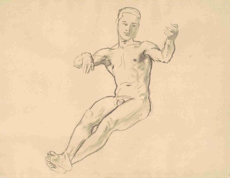 Study for 'Arion',John Singer Sargent,Sketch,Sketch, solo, 1boy, male focus, nude, monochrome, sketch