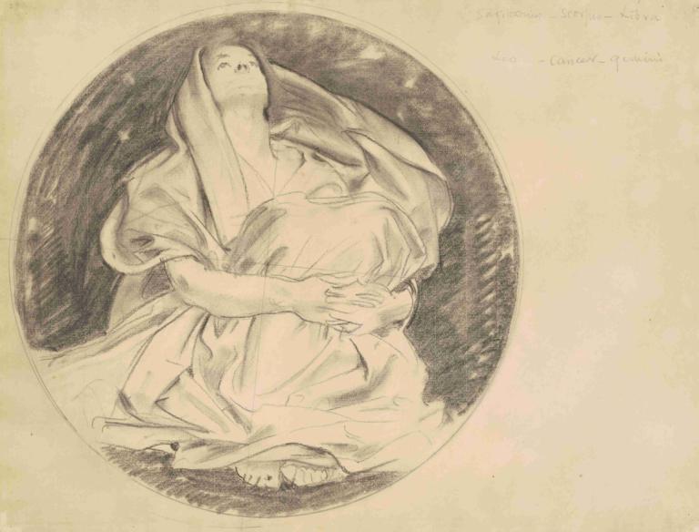 Study for 'Astronomy',John Singer Sargent,Sketch,Sketch, monochrome, barefoot, robe, solo, sitting, 1boy