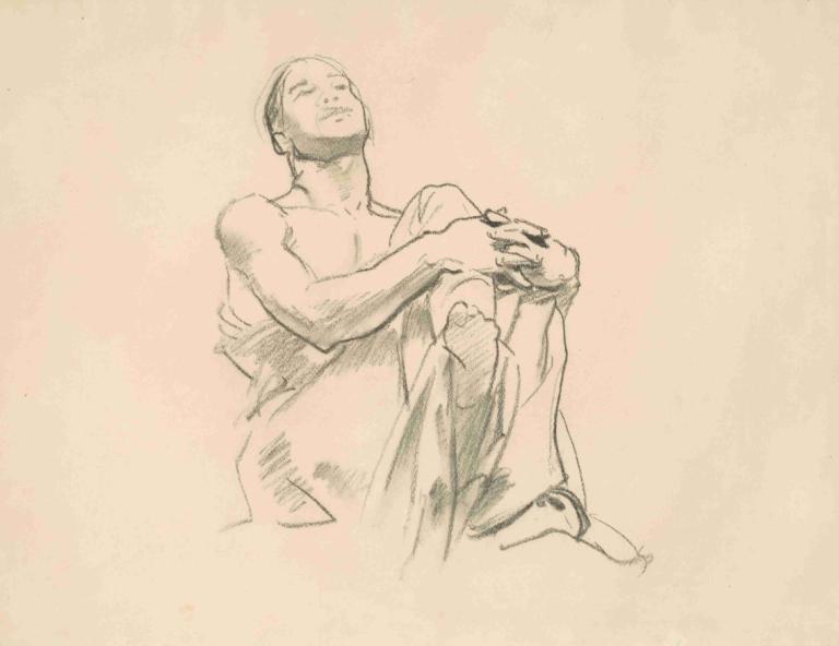 Study for 'Astronomy' II,John Singer Sargent,Sketch,Sketch, 1boy, solo, male focus, monochrome, closed eyes