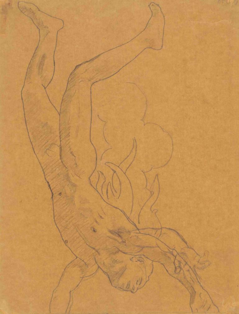 Study for 'Phaethon',John Singer Sargent,Sketch,Sketch, male focus, solo, 1boy, monochrome, nude, upside-down