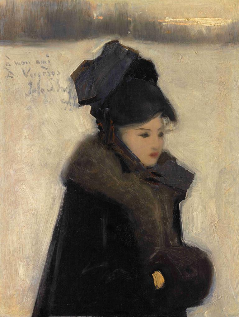 WOMAN WITH FURS,裘女,John Singer Sargent,约翰-辛格-萨金特,油画,油画, 1个女孩, 独奏, 帽子, 外套, 手套, 上半身, 实际的, 传统媒体, 黑色外套, 黑色头饰