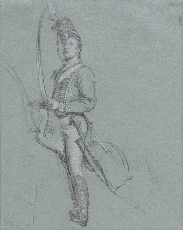 A Hussar Officer on Horseback,John Singleton Copley,Sketch,Sketch, solo, weapon, bow (weapon), 1boy