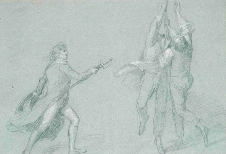 Admiral De Winter Raising the Colors,John Singleton Copley,Sketch,Sketch, multiple boys, monochrome, sketch