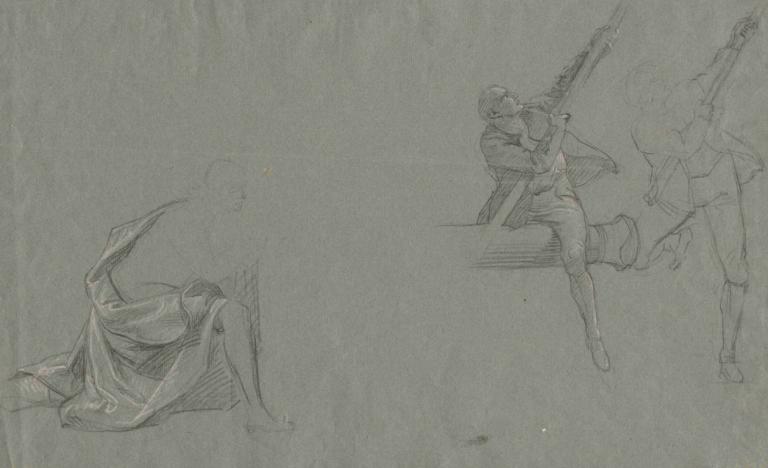 Drapery Study; Two Figures Pulling a Pole,John Singleton Copley,Sketch,Sketch, weapon, monochrome, gun