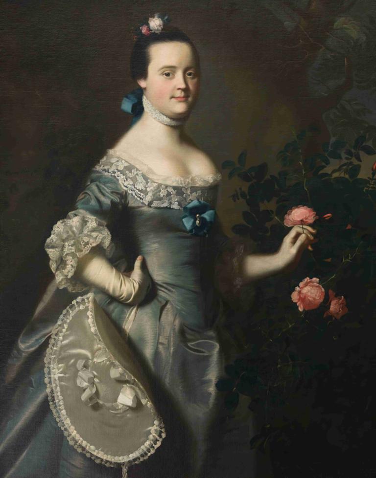 Hannah Loring,John Singleton Copley,Oljemålning,Oljemålning, 1 tjej, blomma, klänning, solo, svart hår