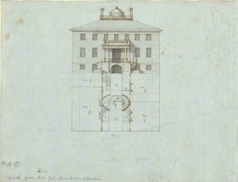 Elevation and plan for interior of large house,John Trumbull,Sketch,Sketch, no humans, building, house