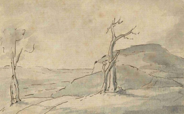 View of West Mountain,西山景观,John Trumbull,约翰-特伦布尔,素描,素描, 树, 户外, 没有人类, 传统媒体, 绘画（中）, 风景, 光秃秃的树, 山, 水彩（中）, 鸟