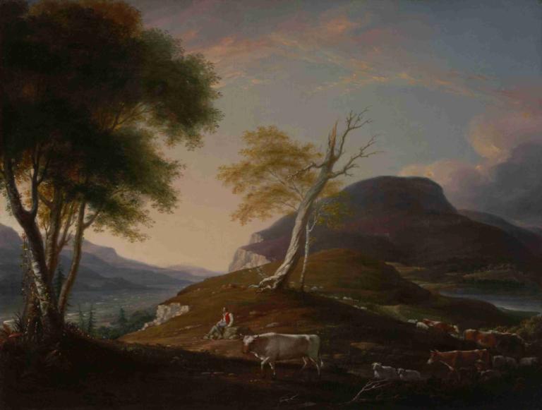 View on the West Mountain near Hartford,哈特福德附近的西山景观,John Trumbull,约翰-特伦布尔,油画,油画, 树, 风景, 户外, 天空, 云, 景观, 山, 草