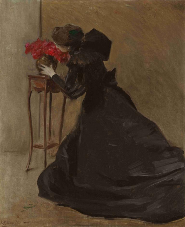 Bronze Bowl,Bronze-Schale,John White Alexander,Ölgemälde,Ölgemälde, Solo, Kleid, Blume, halten, 1Mädchen