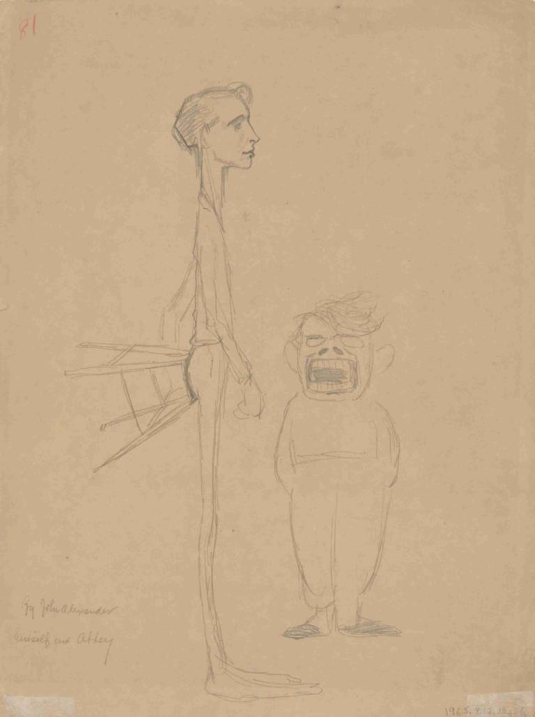 Caricature of Himself and of E. A. Abbey,John White Alexander,Sketch,Sketch, sketch, 1girl, monochrome