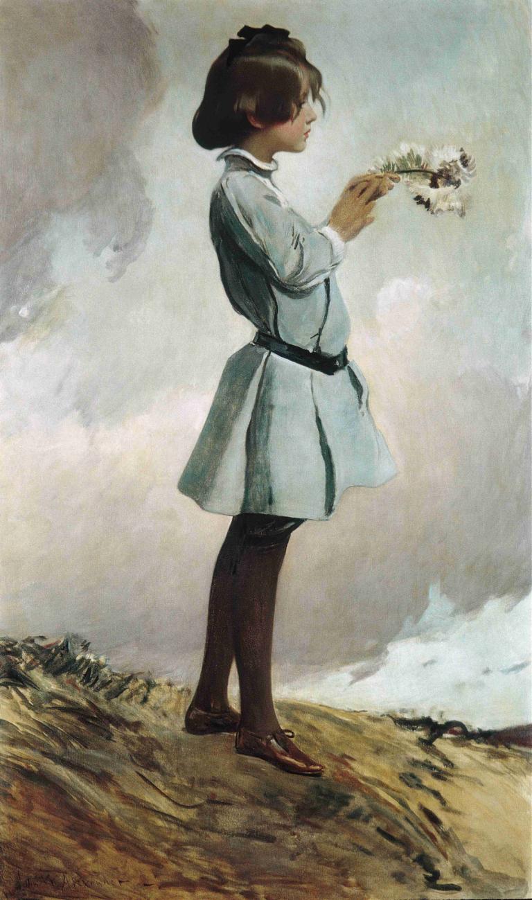 Geraldine Russell,John White Alexander,Pintura al óleo,Pintura al óleo, 1 chica, solo, pantys, flor, vestido