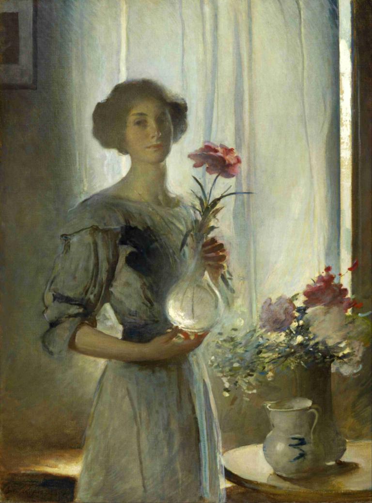 June,John White Alexander,Oil Painting,Oil Painting, 1girl, flower, vase, solo, dress, holding, window