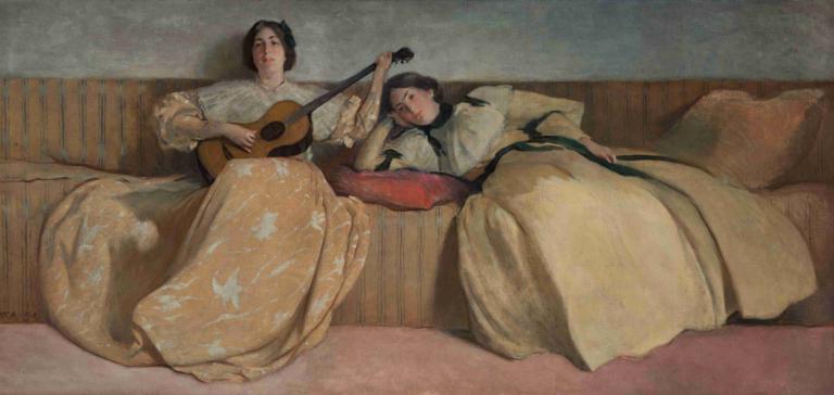 Panel for Music Room,John White Alexander,Oil Painting,Oil Painting, multiple girls, instrument, 2girls