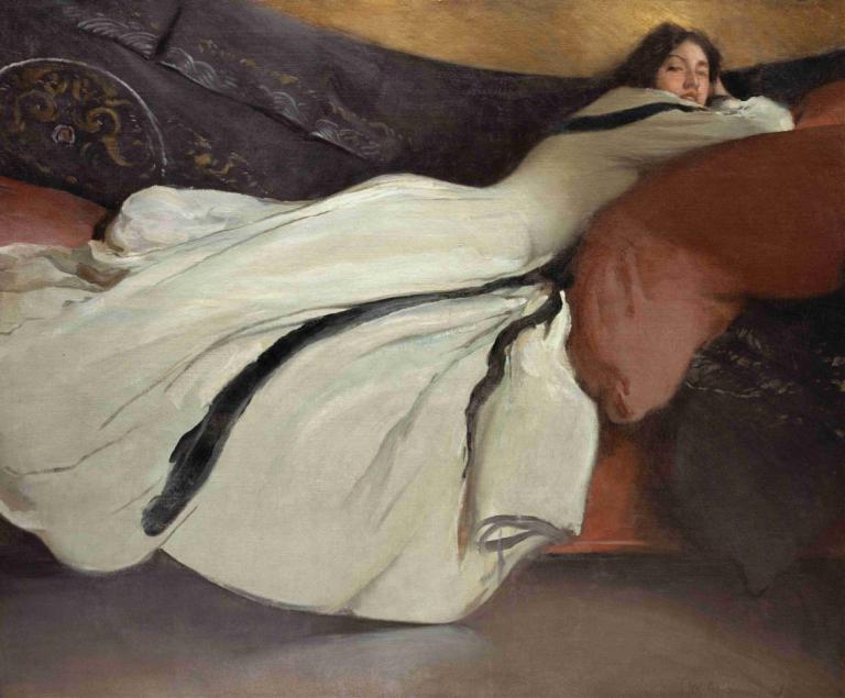 Repose,John White Alexander,Oil Painting,Oil Painting, solo, 1girl, couch, lying, black hair, realistic