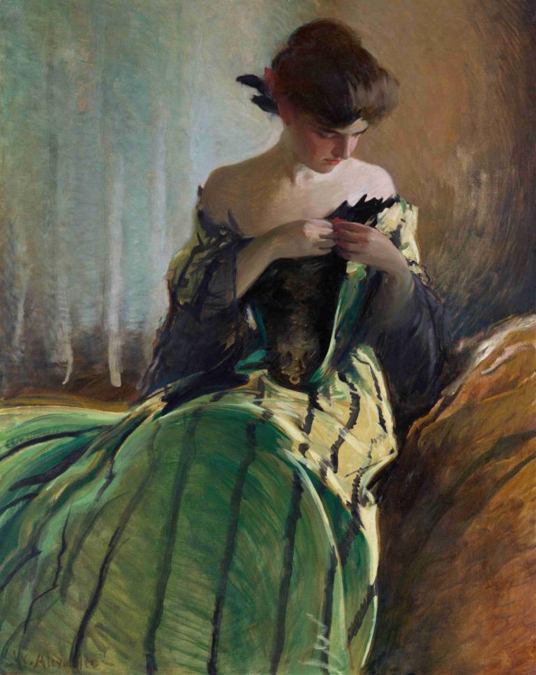 Study in Black and Green,John White Alexander,Oil Painting,Oil Painting, 1girl, solo, fine art parody, dress