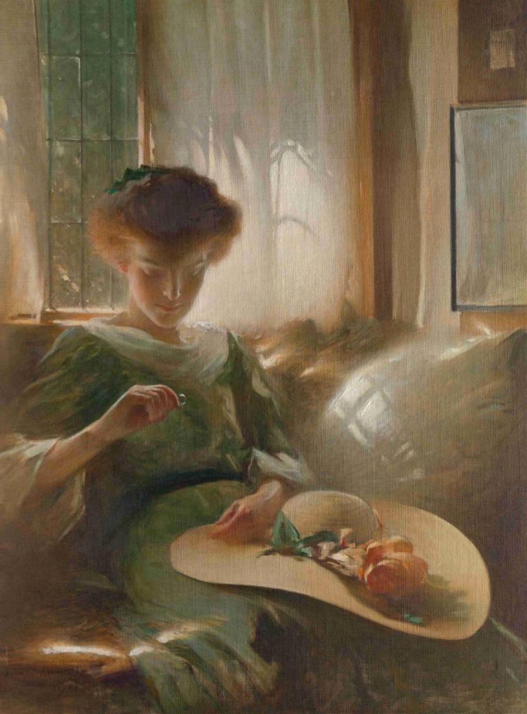 The Ring,John White Alexander,Oil Painting,Oil Painting, 1girl, solo, sitting, indoors, hat, couch, window