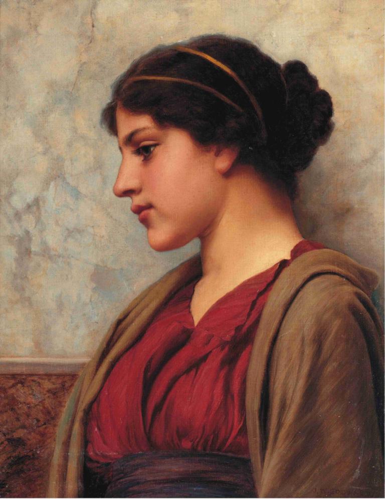 A Classical Beauty, Far-away Thoughts,John William Godward,Oil Painting,Oil Painting, 1girl, solo, realistic