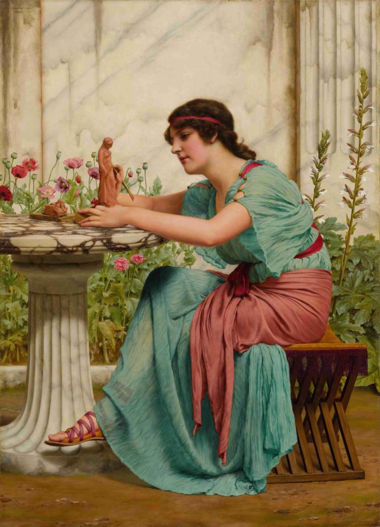 A Dilettante,John William Godward,Oil Painting,Oil Painting, 1girl, fine art parody, flower, dress, sandals