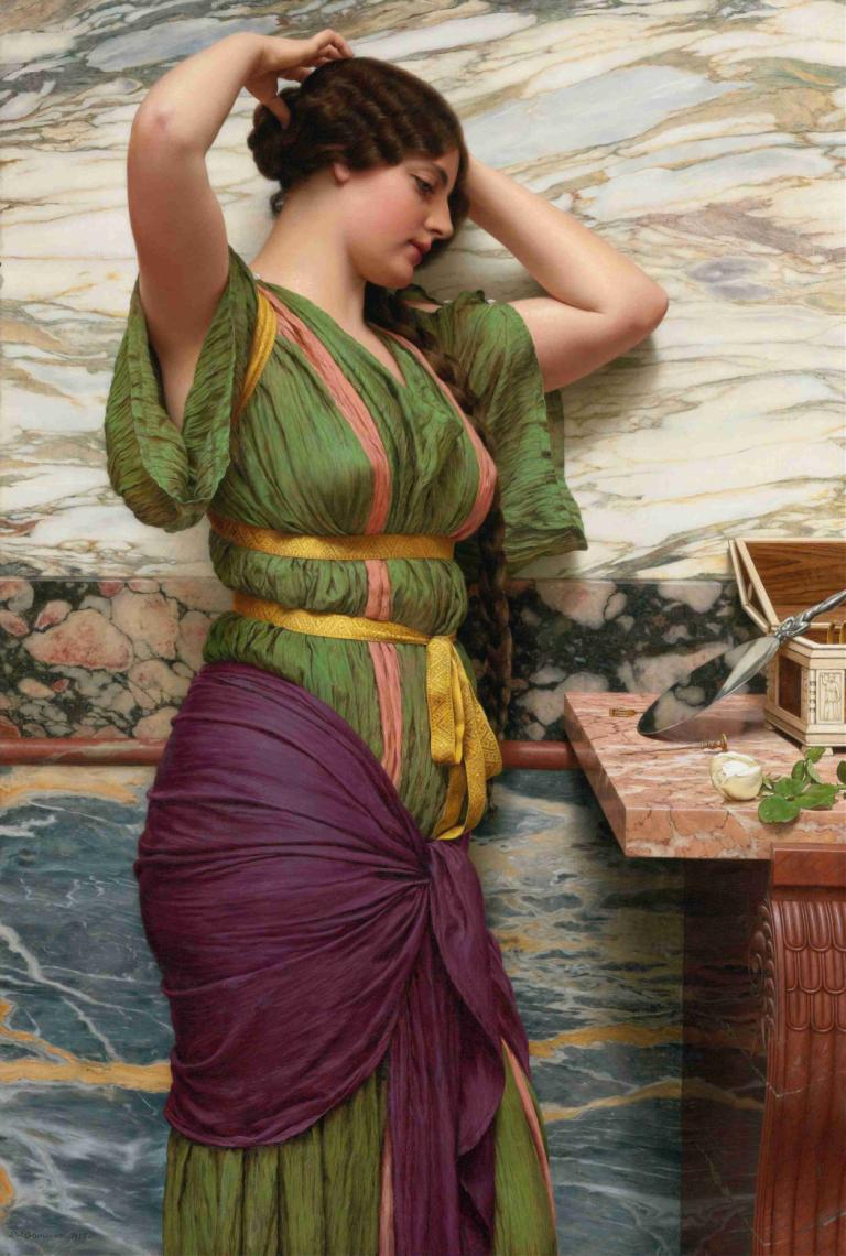 A Fair Reflection,John William Godward,Oil Painting,Oil Painting, 1girl, solo, realistic, long hair