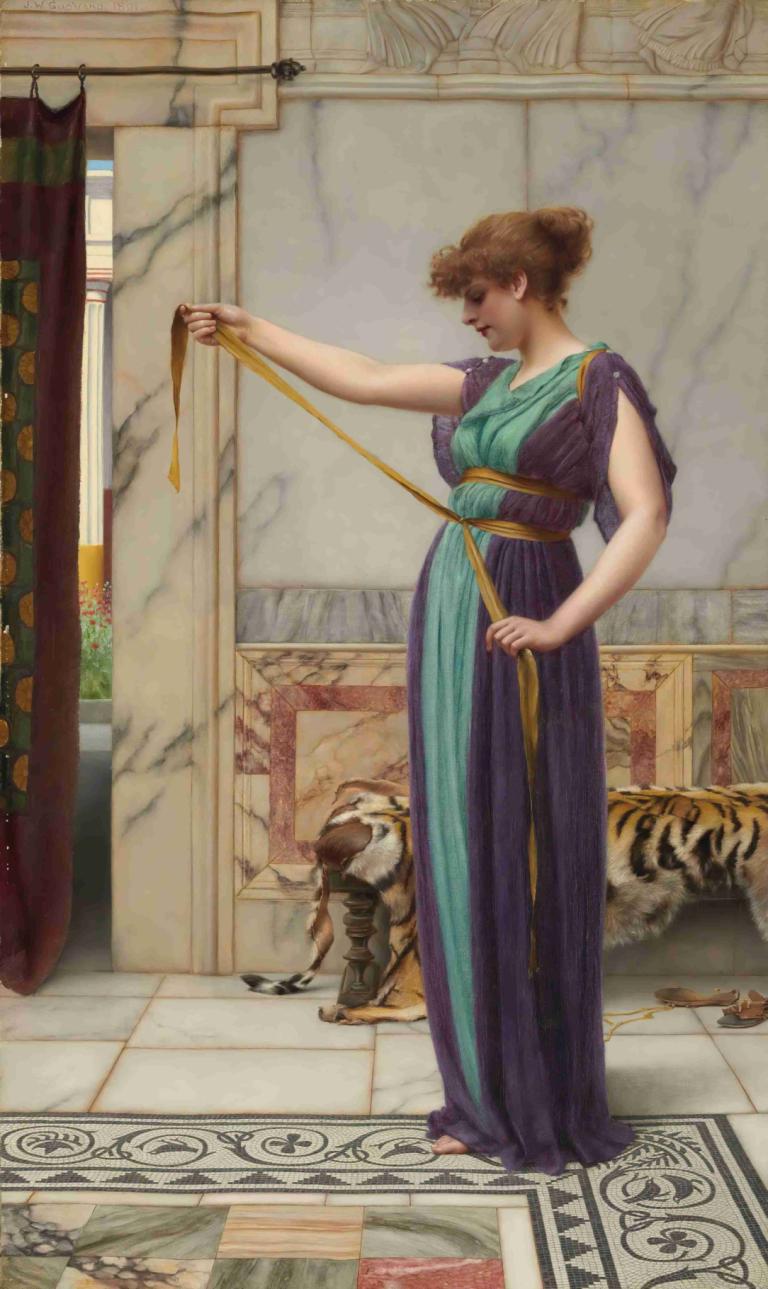 A Pompeian Lady,De Pompejaanse Dame,John William Godward,Olieverf,Olieverf, 1meisje, bruin haar, tijger, jurk