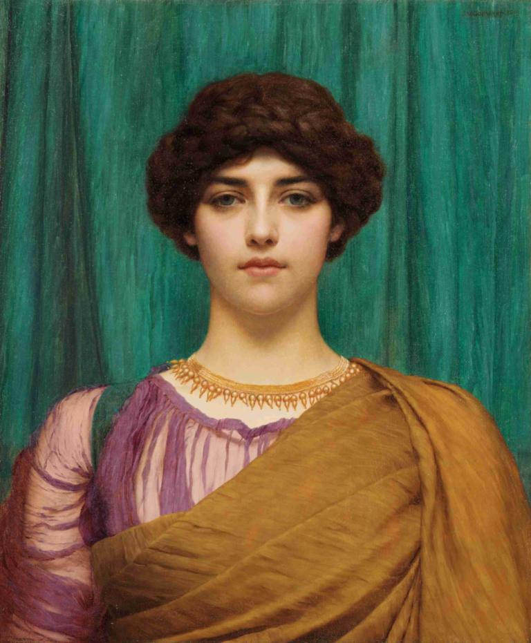 A Pompeian Lady,庞贝夫人,John William Godward,约翰-威廉-戈德沃德,油画,油画, 独奏, 1个女孩, 实际的, 棕色的头发, 上半身, 美术模仿, 短发, 传统媒体, 嘴唇, 卷发