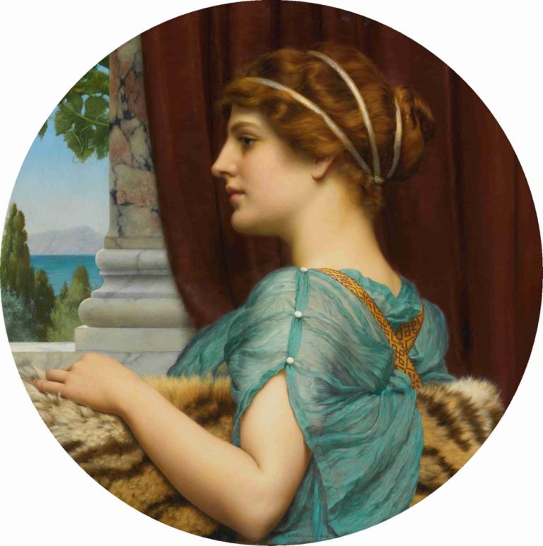 A Pompeian Lady,ポンペイの女,John William Godward,ジョン・ウィリアム・ゴッドワード,油絵,油絵, 1女の子, 美術パロディ, ソロ, 現実的な, 青いシャツ, 屋外, おだんごヘア