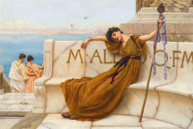 A Priestess Of Bacchus,バッカスの巫女,John William Godward,ジョン・ウィリアム・ゴッドワード,油絵,油絵, 美術パロディ, 複数の男の子, スタッフ, 男性の焦点