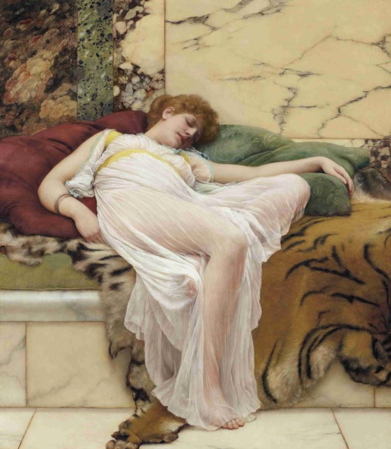 A Siesta,シエスタ,John William Godward,ジョン・ウィリアム・ゴッドワード,油絵,油絵, 虎, 1女の子, 現実的な, 美術パロディ, シースルー, ソロ, 裸足, ドレス, 茶髪