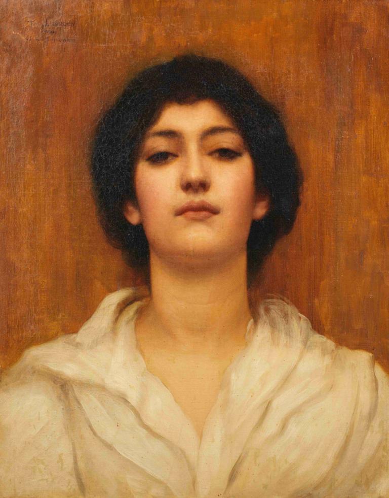 A beauty,美,John William Godward,ジョン・ウィリアム・ゴッドワード,油絵,油絵, ソロ, 現実的な, 黒髪, 1女の子, 黒目, 唇, ショートヘア, 上半身, フード, 視聴者を見ている