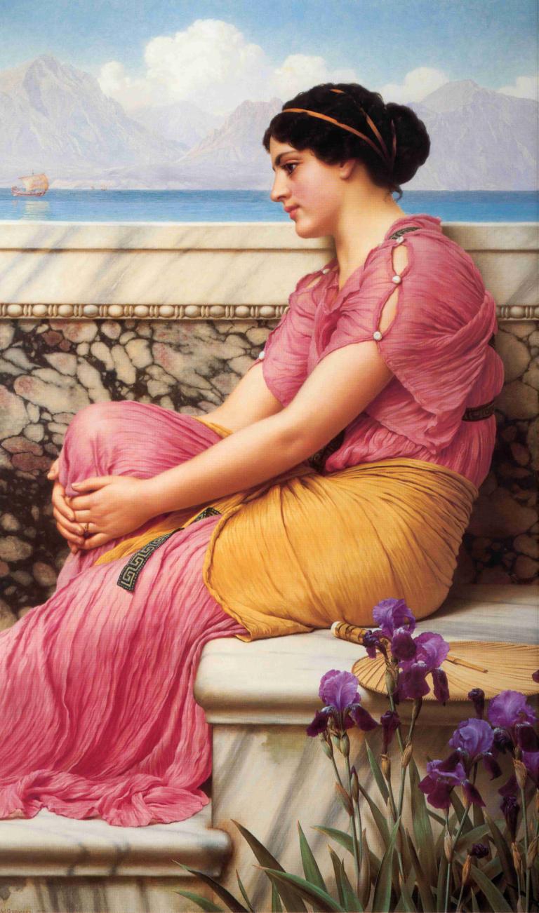 Absence makes the heart grow fonder,John William Godward,Oil Painting,Oil Painting, 1girl, solo, flower