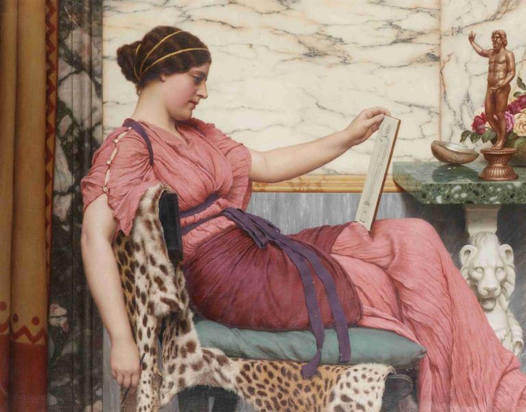 An Amateur,En amatør,John William Godward,Oliemaleri,Oliemaleri, kunstparodi, 1 pige, solo, siddende, kjole