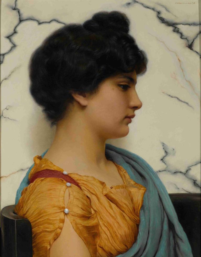 An Arcadian beauty,John William Godward,Oil Painting,Oil Painting, solo, 1girl, black hair, fine art parody