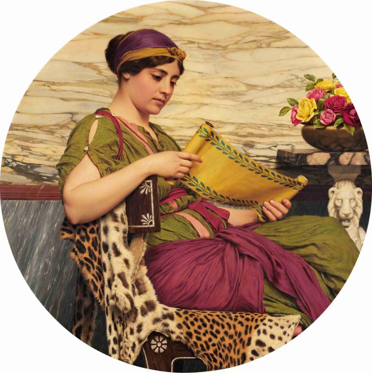 An Edition de Luxe,豪华版,John William Godward,约翰-威廉-戈德沃德,油画,油画, 美术模仿, 独奏, 1个女孩, 坐着, 花, 实际的, 帽子, 保持, 花束, 椅子, 发髻