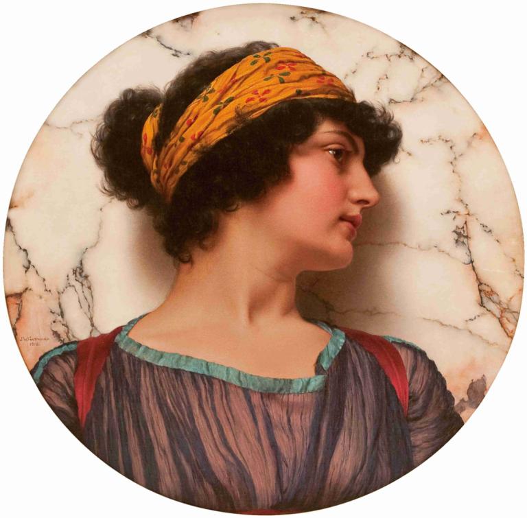 Androcléa,John William Godward,Obraz olejny,Obraz olejny, solo, 1 dziewczyna, profil, czarne włosy