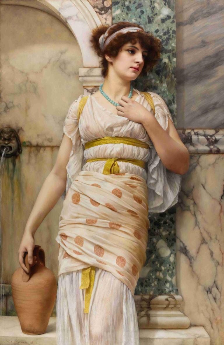 At the fountain,噴水にて,John William Godward,ジョン・ウィリアム・ゴッドワード,油絵,油絵, 1女の子, ソロ, 美術パロディ, 現実的な, 茶髪, ドレス, ネックレス