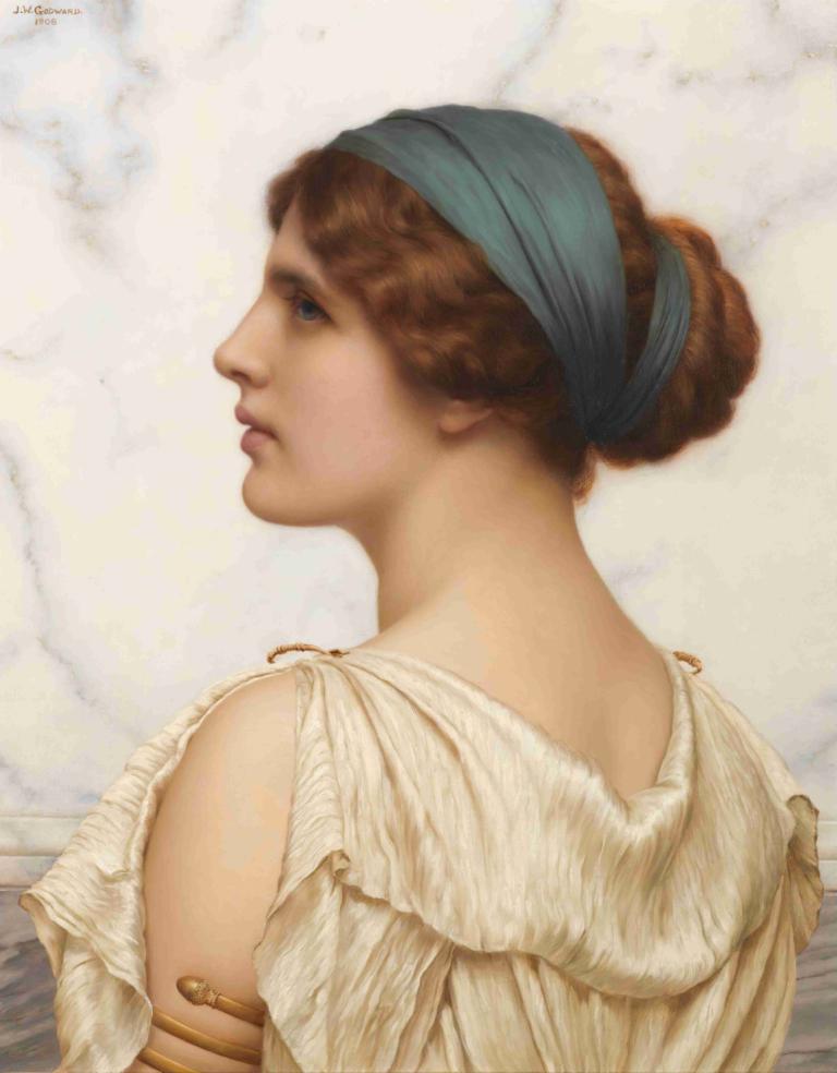 Atalanta,阿塔兰塔,John William Godward,约翰-威廉-戈德沃德,油画,油画, 1个女孩, 独奏, 实际的, 棕色的头发, 蓝眼睛, 臂章, 上半身, 轮廓, 签名, 嘴唇, 发髻