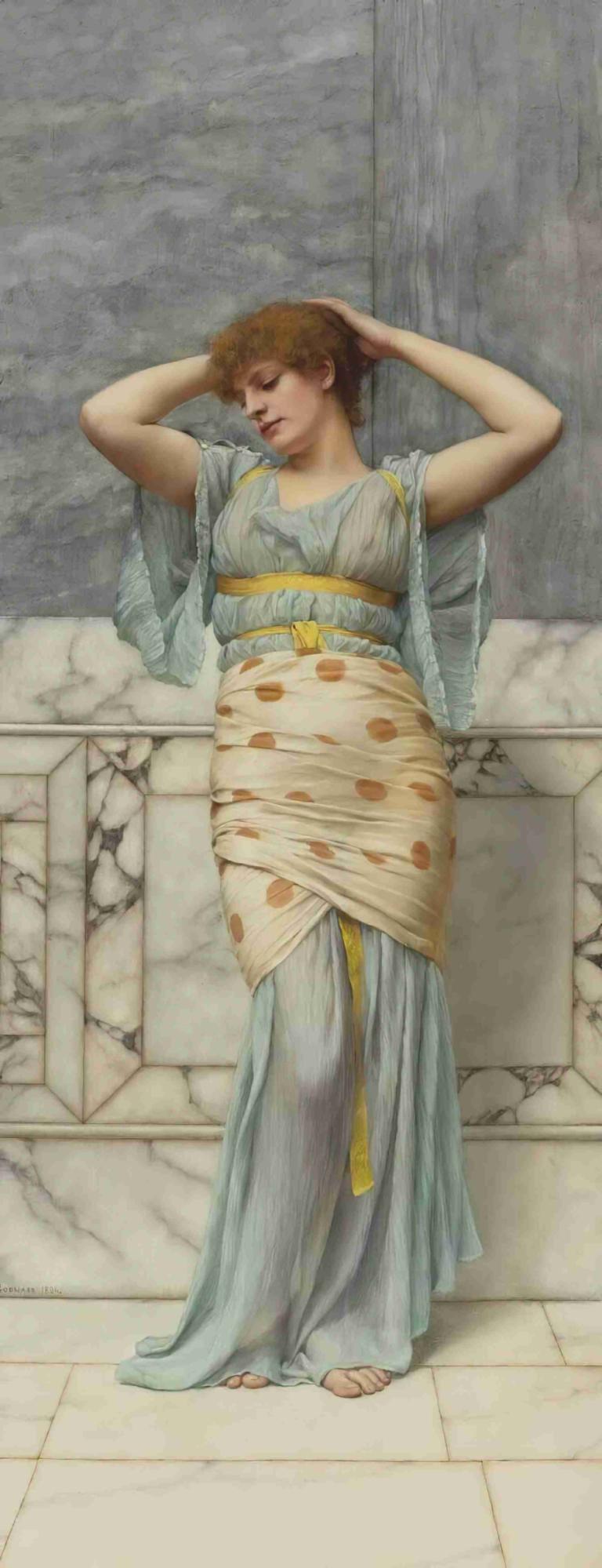 Beauty In A Marble Room,大理石房间里的美人,John William Godward,约翰-威廉-戈德沃德,油画,油画, 独奏, 美术模仿, 赤脚, 1个女孩, 棕色的头发, 金头发, 裙子